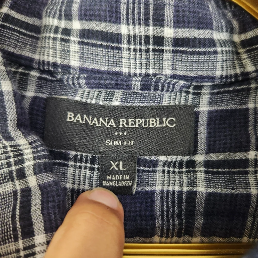 Banana Republic Slim Fit Men XL Blue/White Madras Plaid Doub Weave Button Shirt